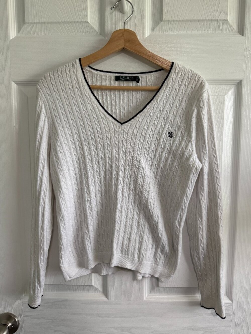 Lauren Ralph Lauren Womens V neck White Cable Knit Sweater Large 100% Cotton